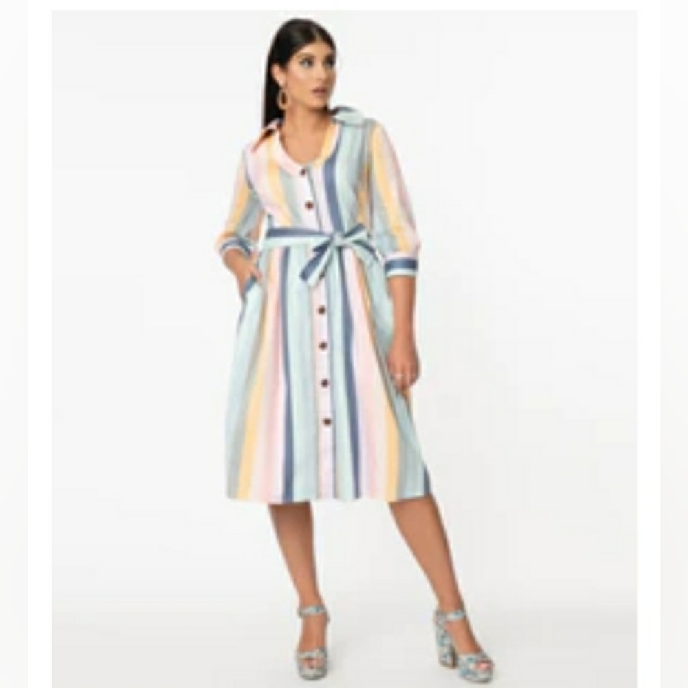 Rainbow Pastel Carnival Stripe Lauren Midi Dress - Collectif, Size XL (UK 16)